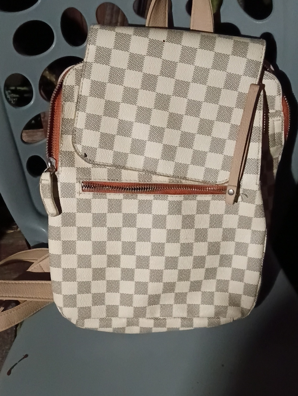 Checkered Backpack in White & Brown